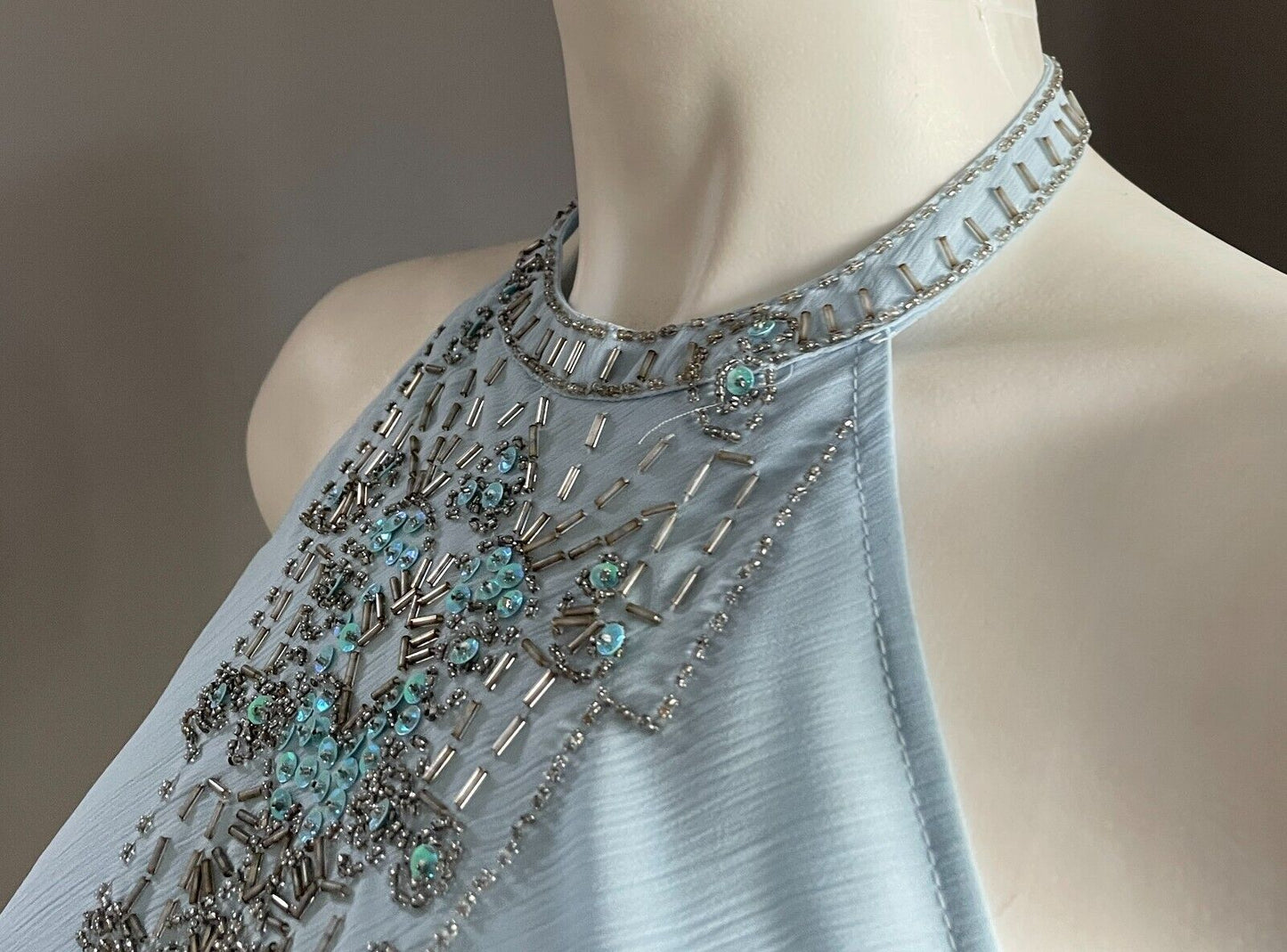 I S Beaded Top Light Blue Halter Neck Hip Tie Blouse Sequins Embellishment 8 10