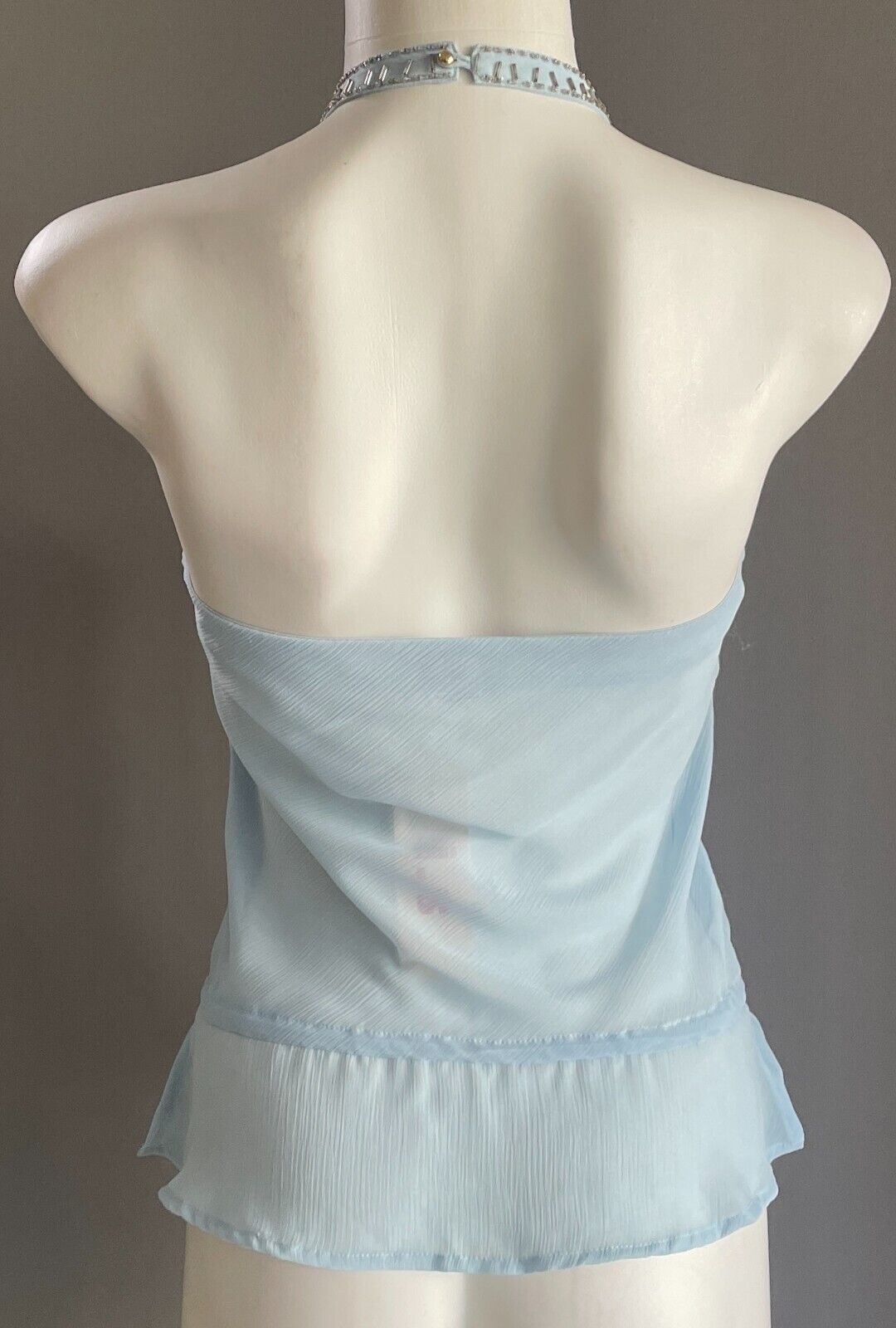 I S Beaded Top Light Blue Halter Neck Hip Tie Blouse Sequins Embellishment 8 10