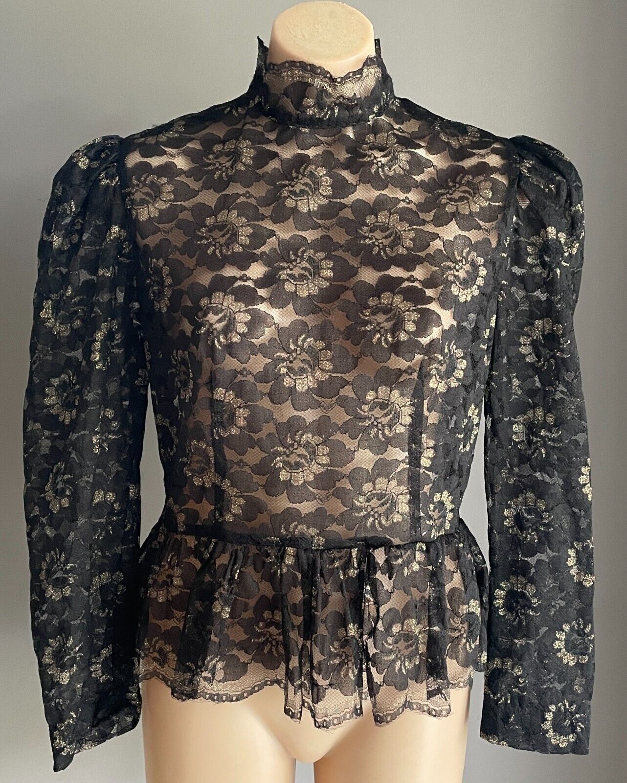 Handmade Black Lace High Neck Long Sleeve Blouse Gold Glitter Top Sz 10 Peplum