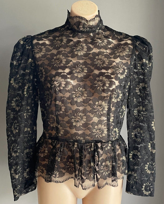 Handmade Black Lace High Neck Long Sleeve Blouse Gold Glitter Top Sz 10 Peplum