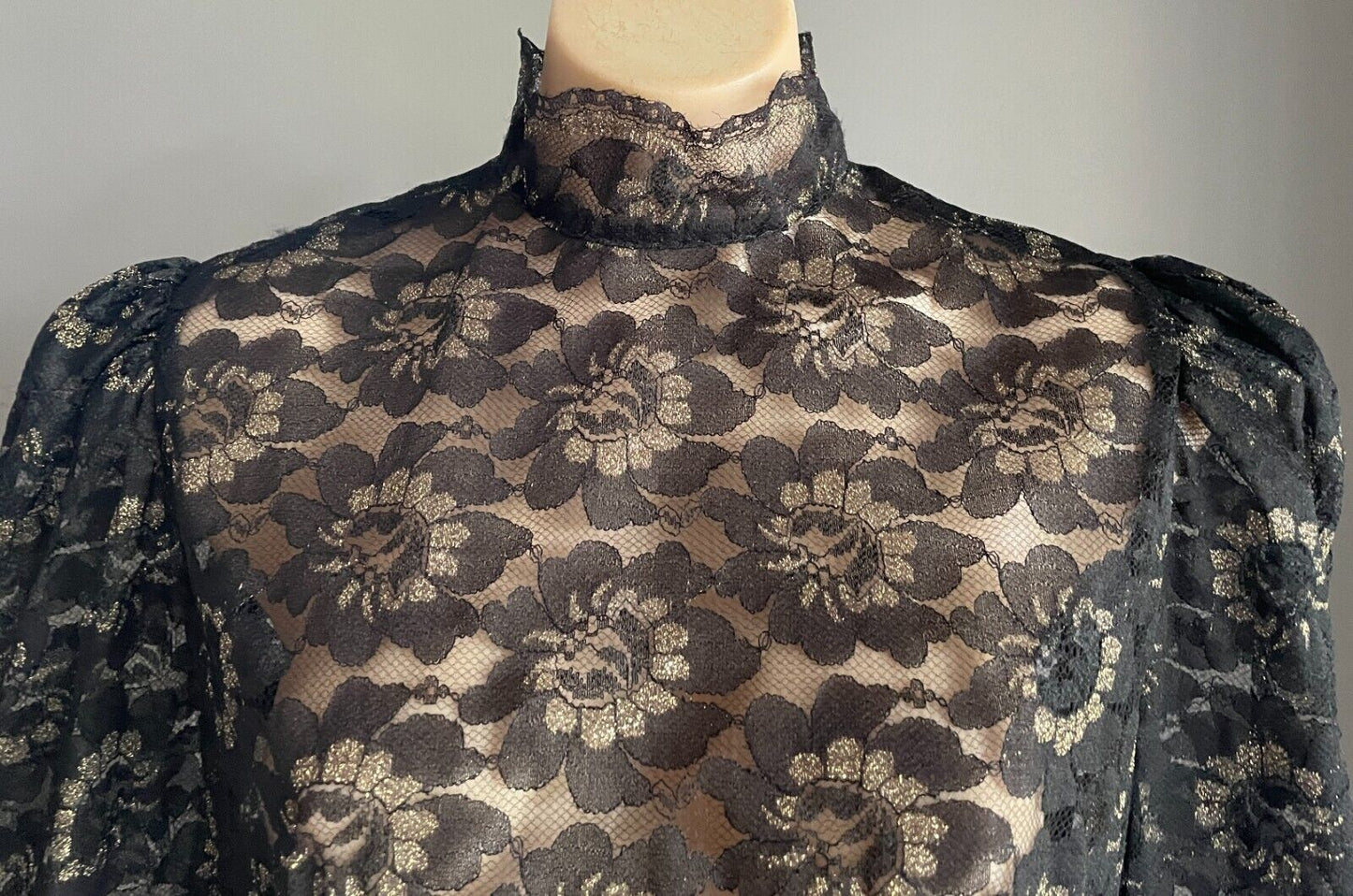 Handmade Black Lace High Neck Long Sleeve Blouse Gold Glitter Top Sz 10 Peplum