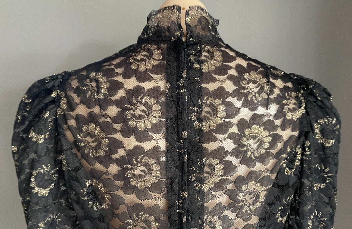 Handmade Black Lace High Neck Long Sleeve Blouse Gold Glitter Top Sz 10 Peplum