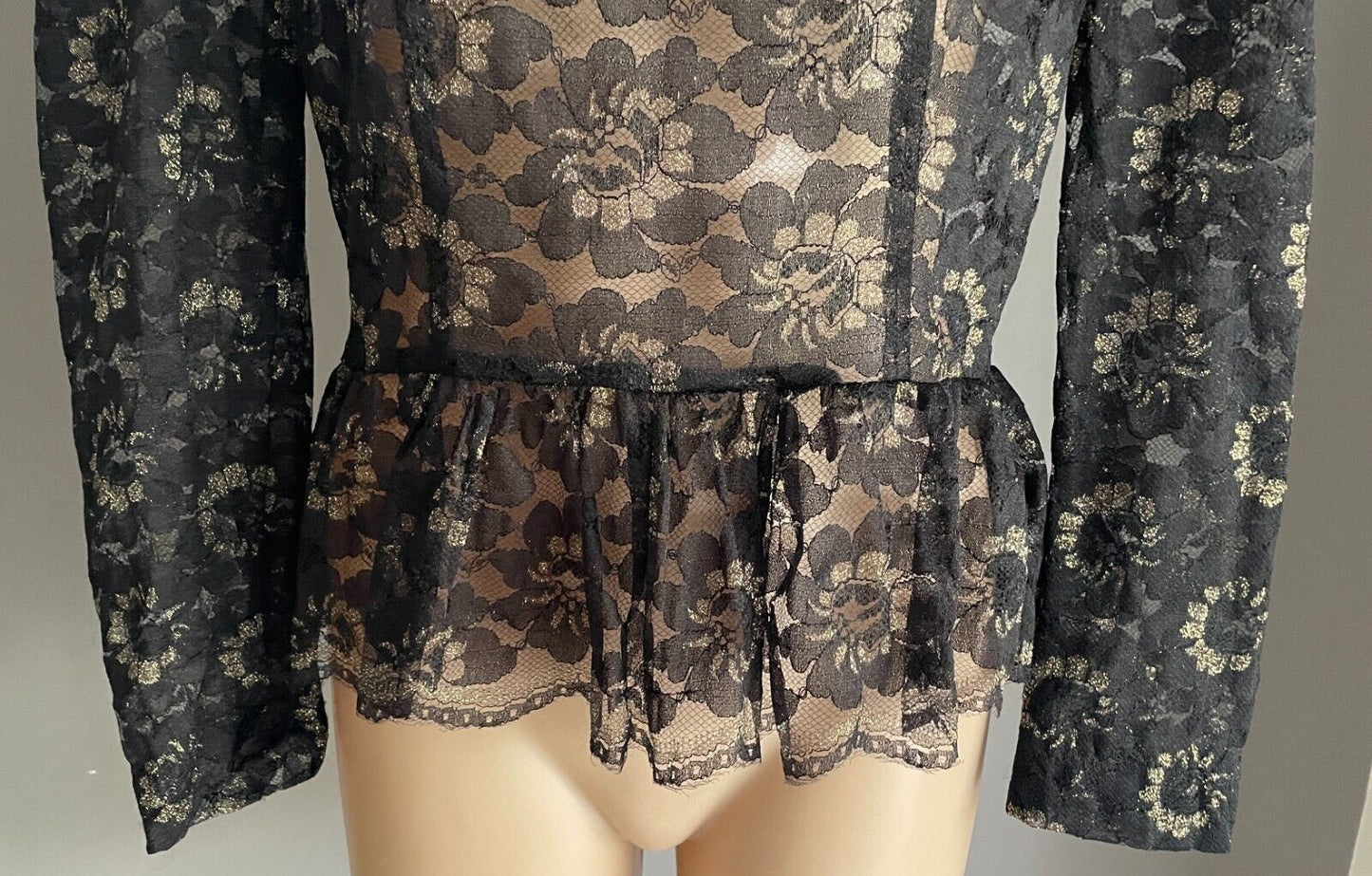 Handmade Black Lace High Neck Long Sleeve Blouse Gold Glitter Top Sz 10 Peplum