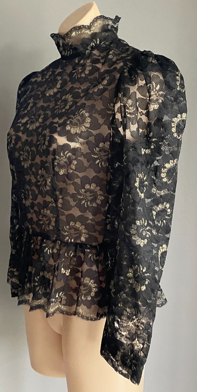 Handmade Black Lace High Neck Long Sleeve Blouse Gold Glitter Top Sz 10 Peplum