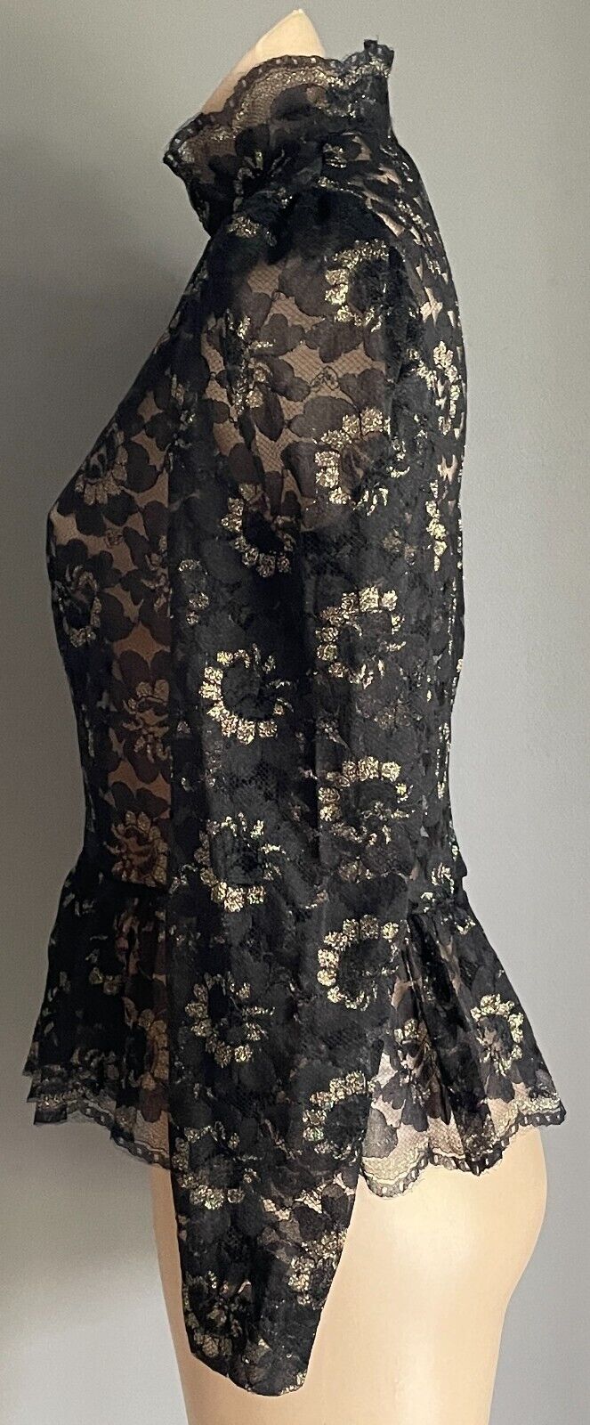Handmade Black Lace High Neck Long Sleeve Blouse Gold Glitter Top Sz 10 Peplum