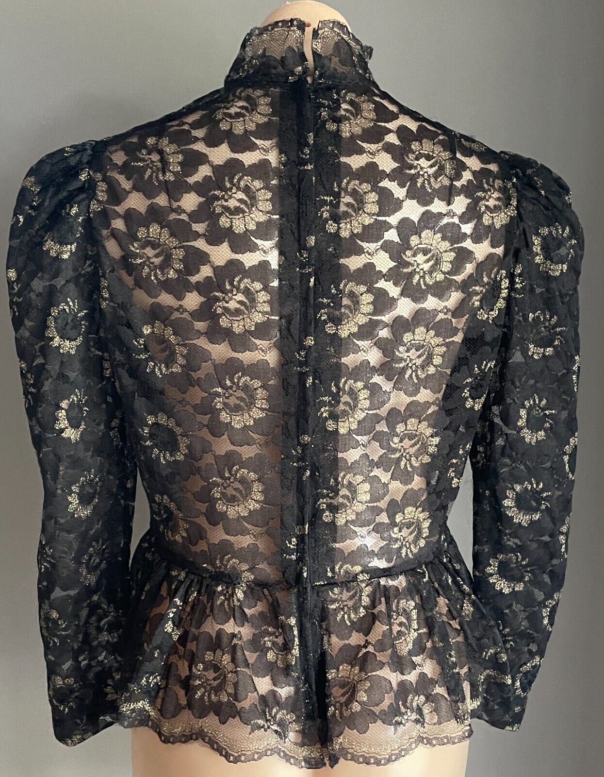 Handmade Black Lace High Neck Long Sleeve Blouse Gold Glitter Top Sz 10 Peplum