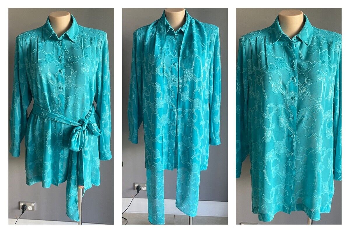 LIZ DAVENPORT Button Shirt Blouse Bright Blue Jacquard Long Sleeve Top Sz L 14