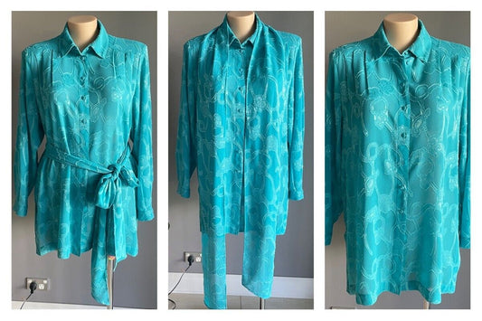 LIZ DAVENPORT Button Shirt Blouse Bright Blue Jacquard Long Sleeve Top Sz L 14