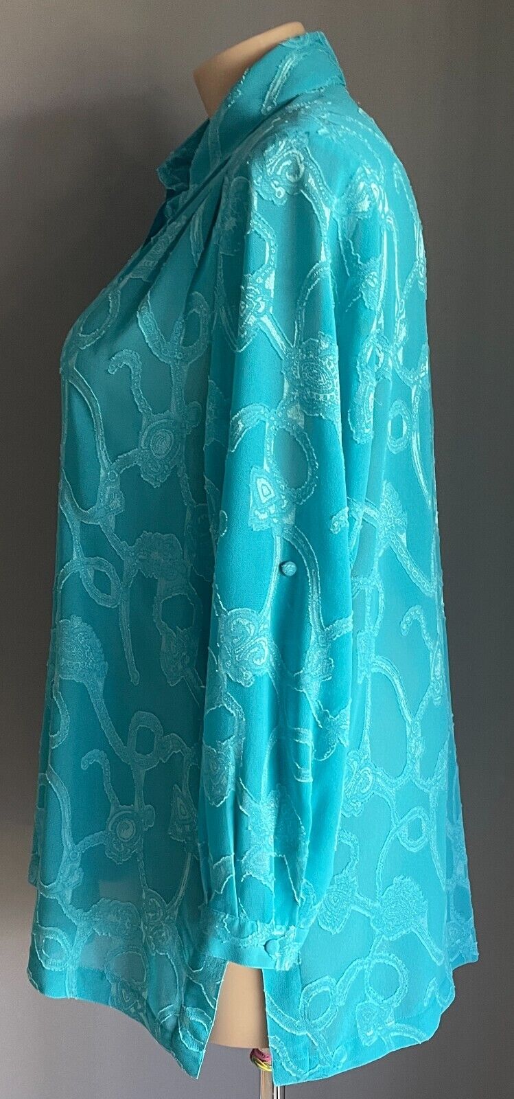 LIZ DAVENPORT Button Shirt Blouse Bright Blue Jacquard Long Sleeve Top Sz L 14