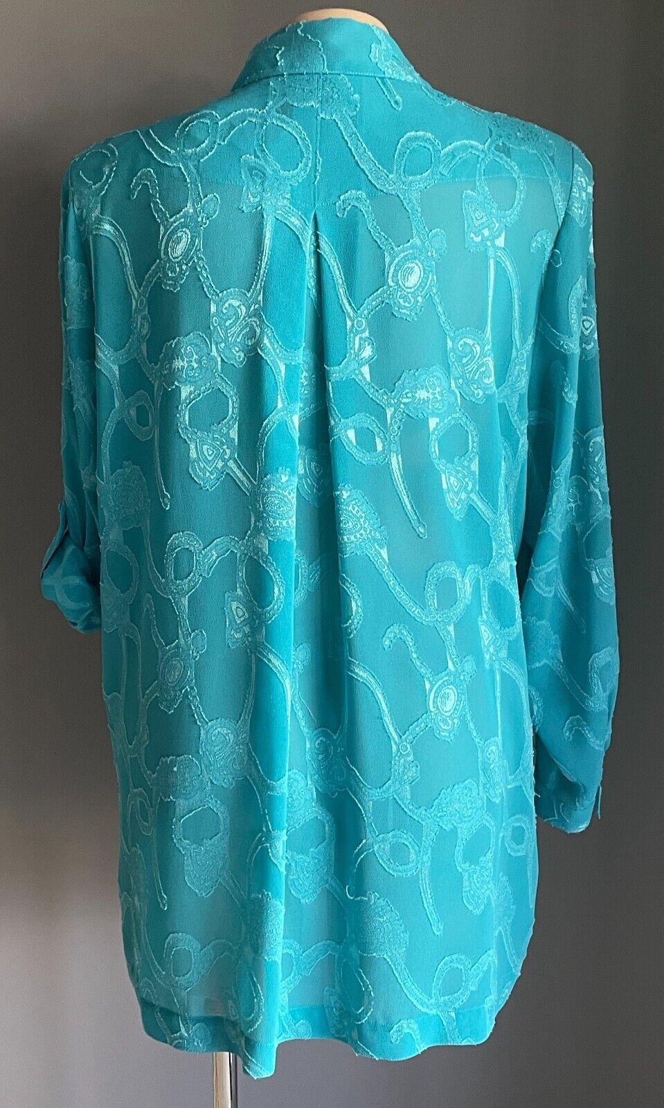 LIZ DAVENPORT Button Shirt Blouse Bright Blue Jacquard Long Sleeve Top Sz L 14