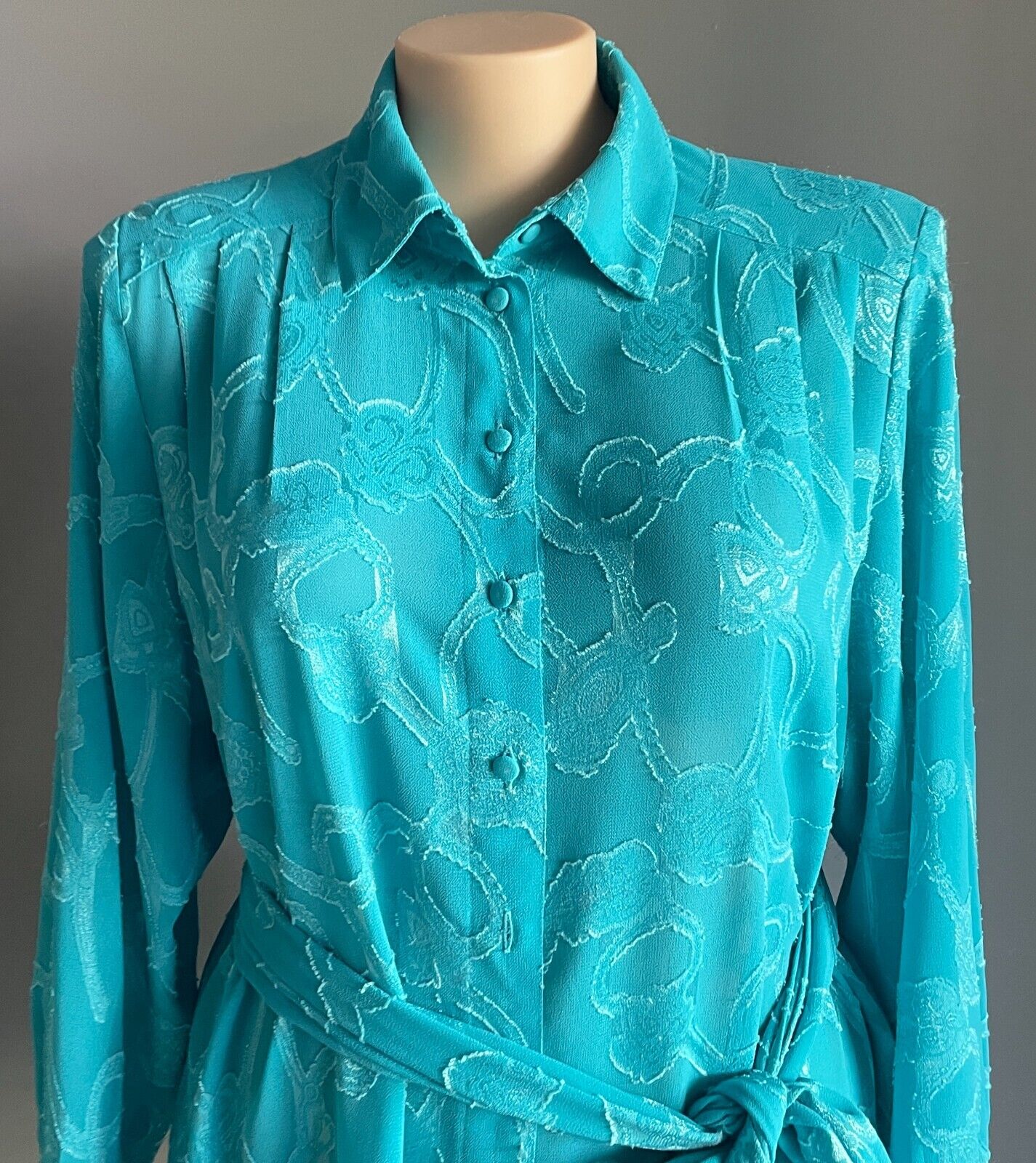 LIZ DAVENPORT Button Shirt Blouse Bright Blue Jacquard Long Sleeve Top Sz L 14
