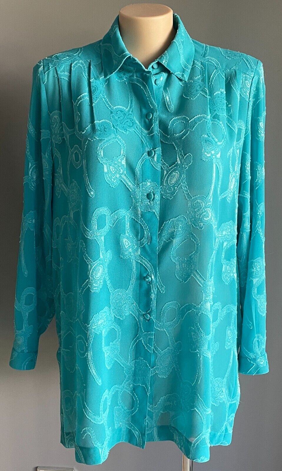 LIZ DAVENPORT Button Shirt Blouse Bright Blue Jacquard Long Sleeve Top Sz L 14