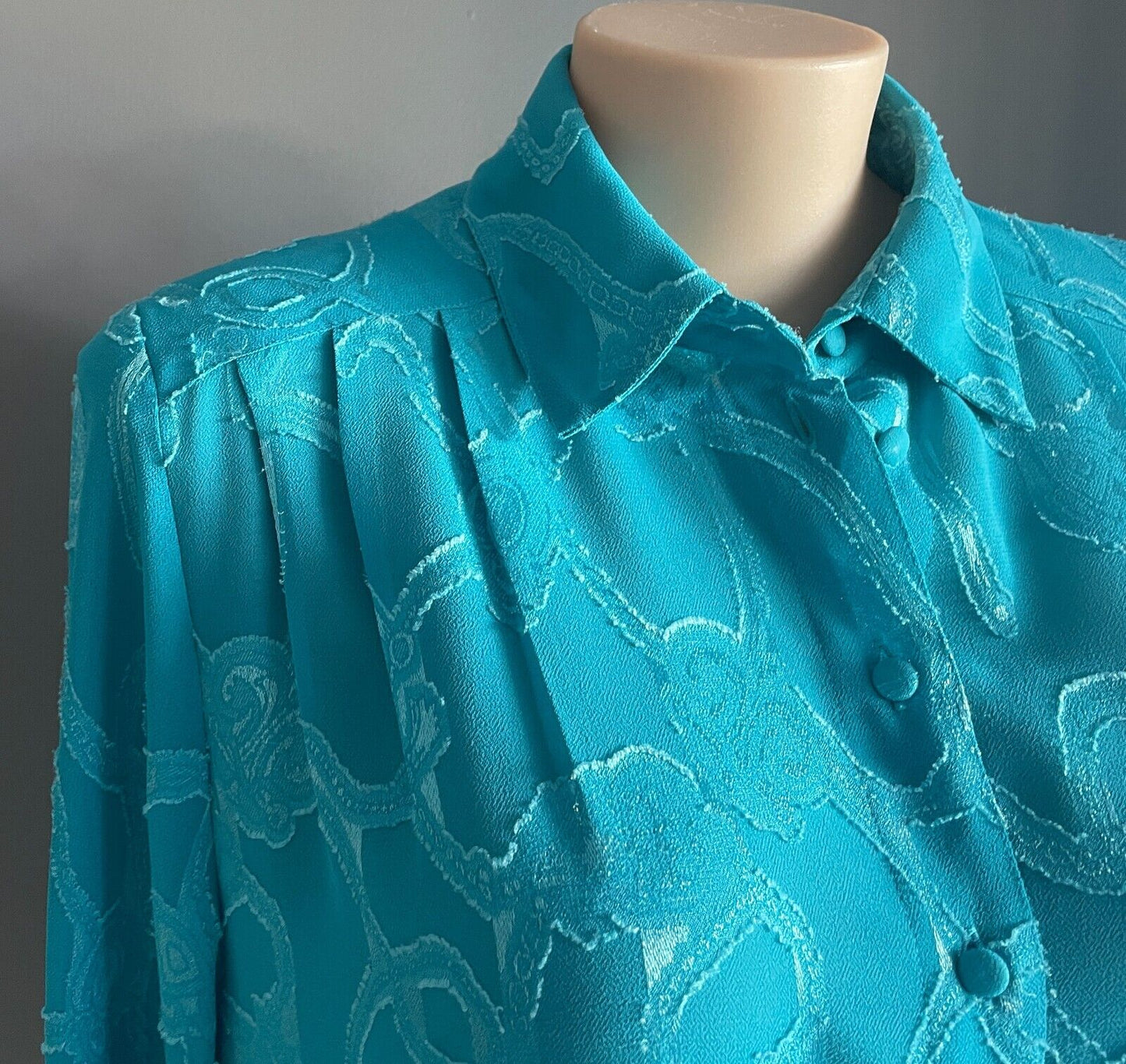 LIZ DAVENPORT Button Shirt Blouse Bright Blue Jacquard Long Sleeve Top Sz L 14