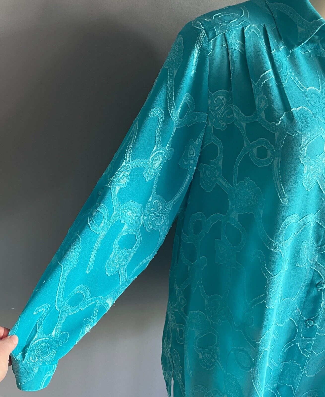 LIZ DAVENPORT Button Shirt Blouse Bright Blue Jacquard Long Sleeve Top Sz L 14