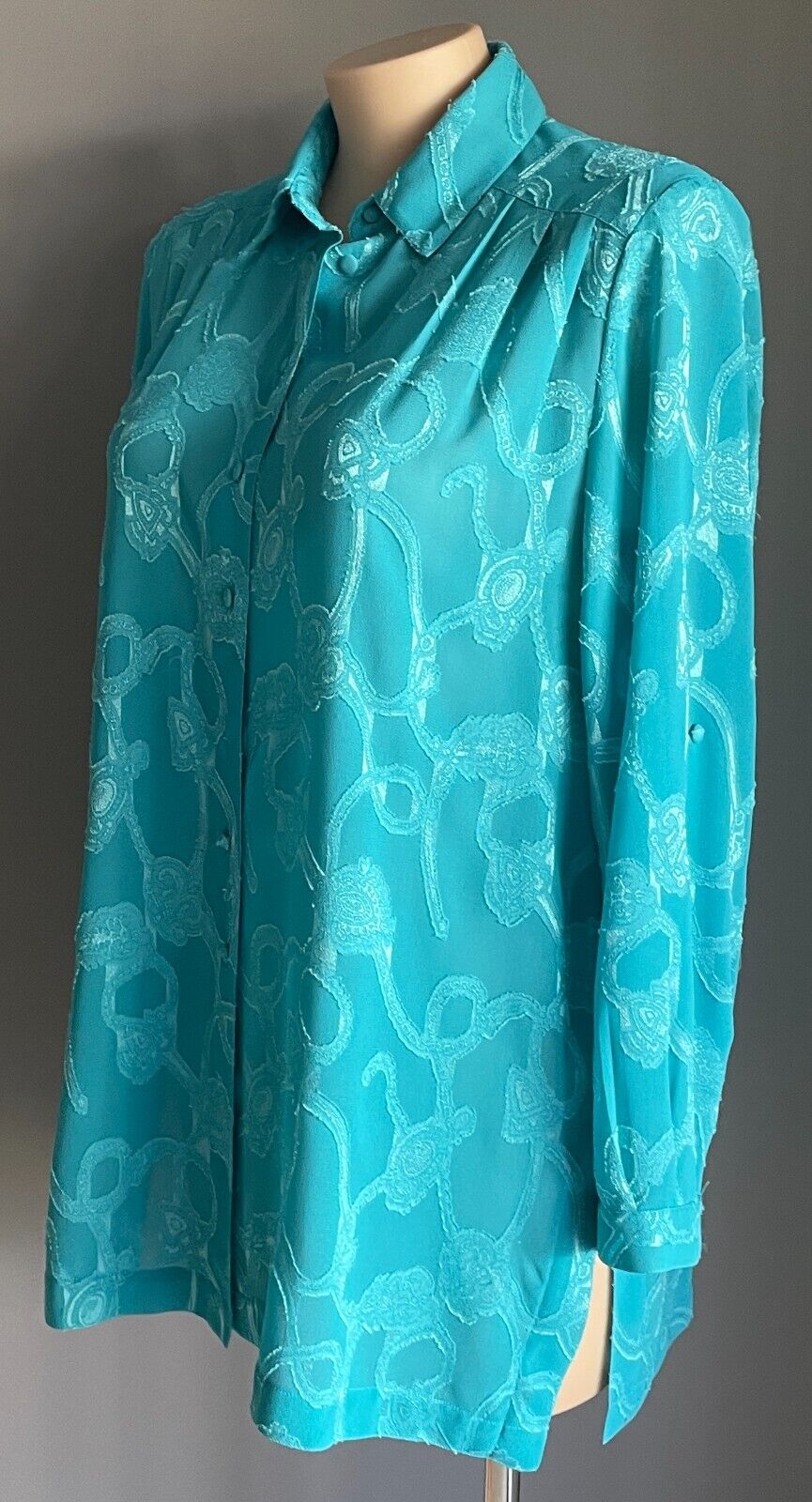LIZ DAVENPORT Button Shirt Blouse Bright Blue Jacquard Long Sleeve Top Sz L 14