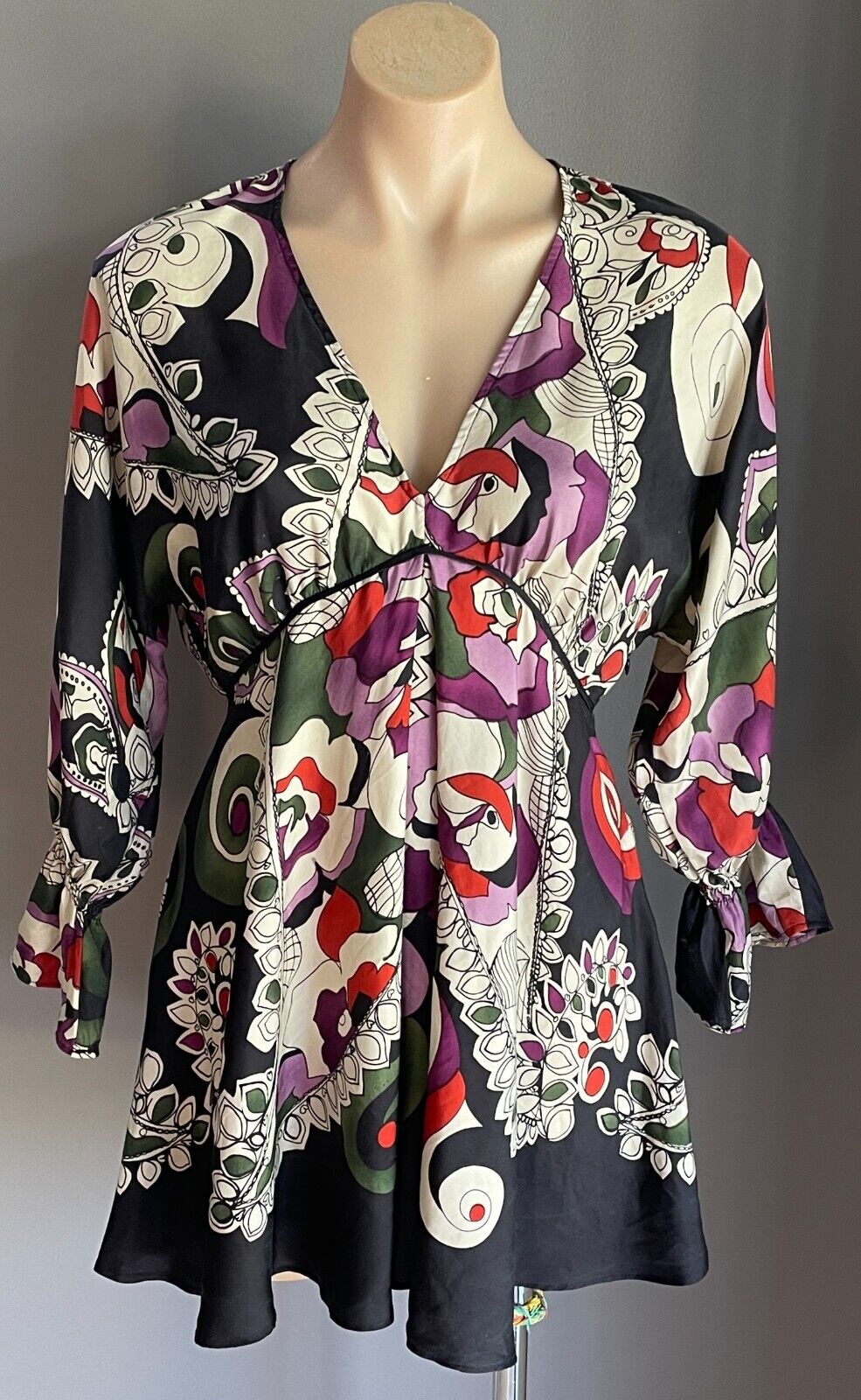 MNG SUIT A line Top Multicoloured Print Silk 3/4 Sleeve Empire Waist Sz AU 10