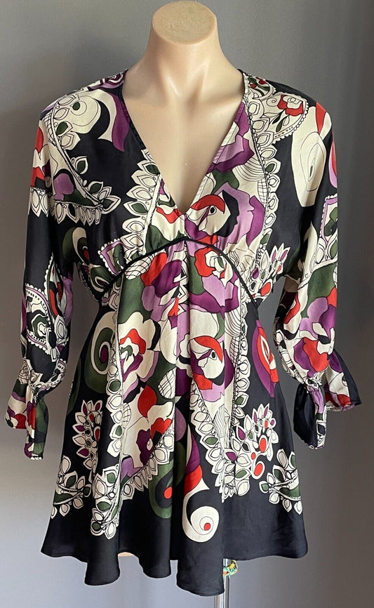 MNG SUIT A line Top Multicoloured Print Silk 3/4 Sleeve Empire Waist Sz AU 10