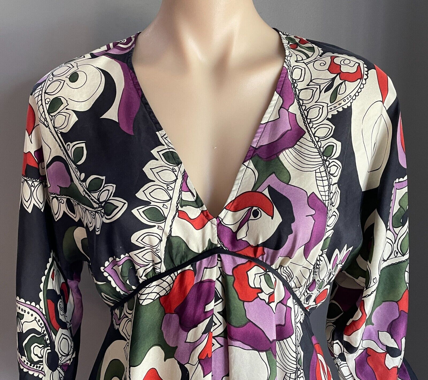 MNG SUIT A line Top Multicoloured Print Silk 3/4 Sleeve Empire Waist Sz AU 10