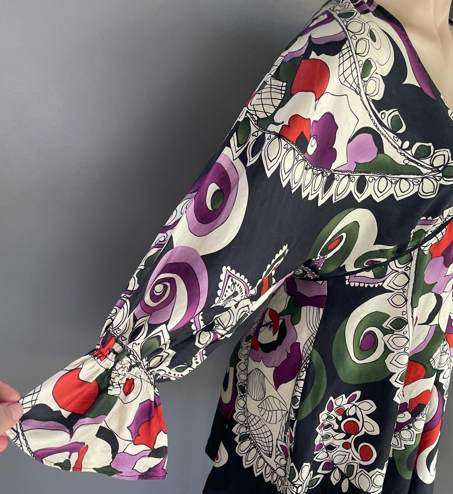 MNG SUIT A line Top Multicoloured Print Silk 3/4 Sleeve Empire Waist Sz AU 10