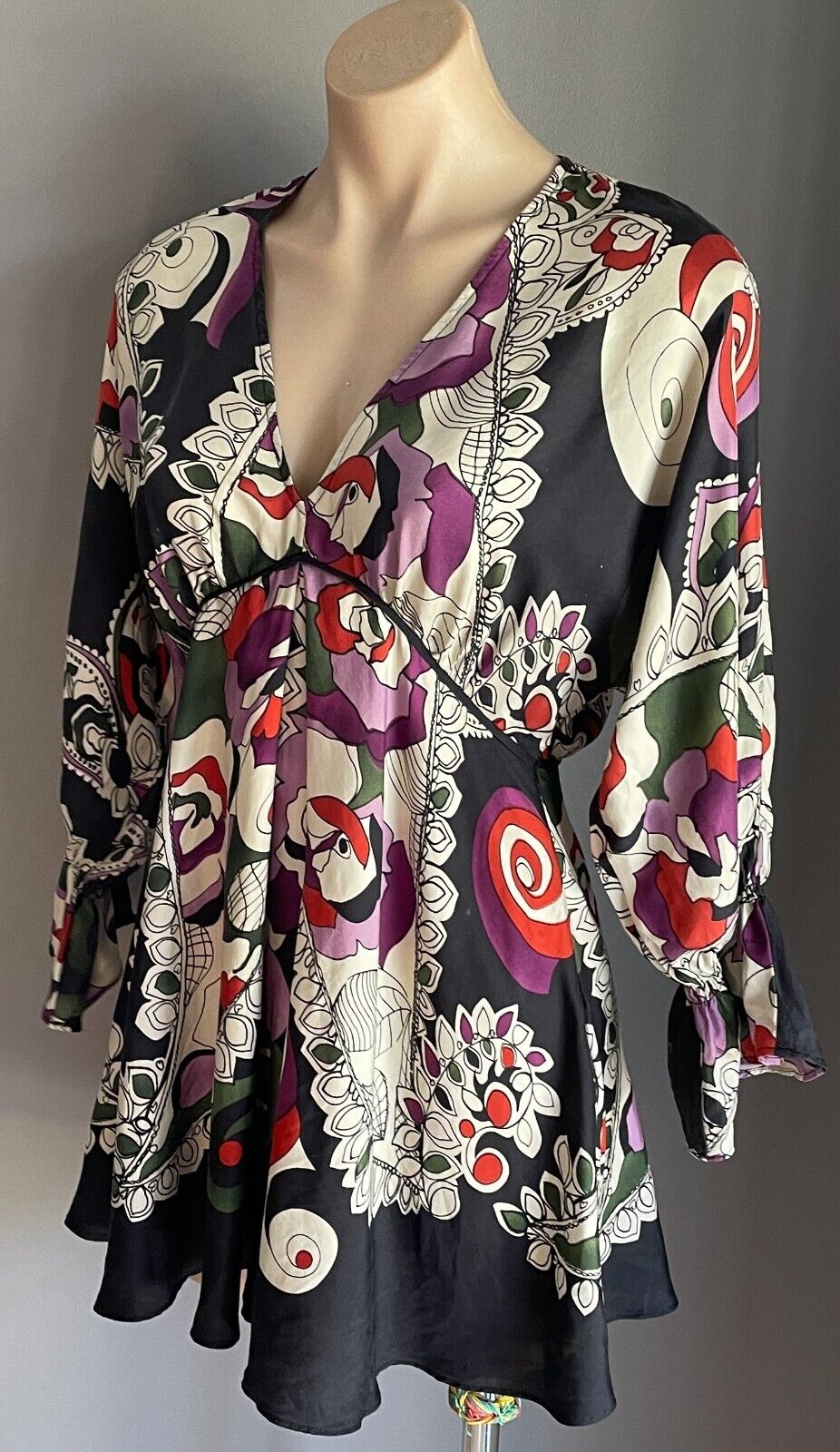 MNG SUIT A line Top Multicoloured Print Silk 3/4 Sleeve Empire Waist Sz AU 10