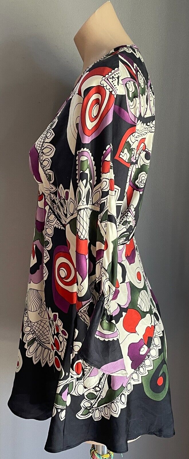 MNG SUIT A line Top Multicoloured Print Silk 3/4 Sleeve Empire Waist Sz AU 10