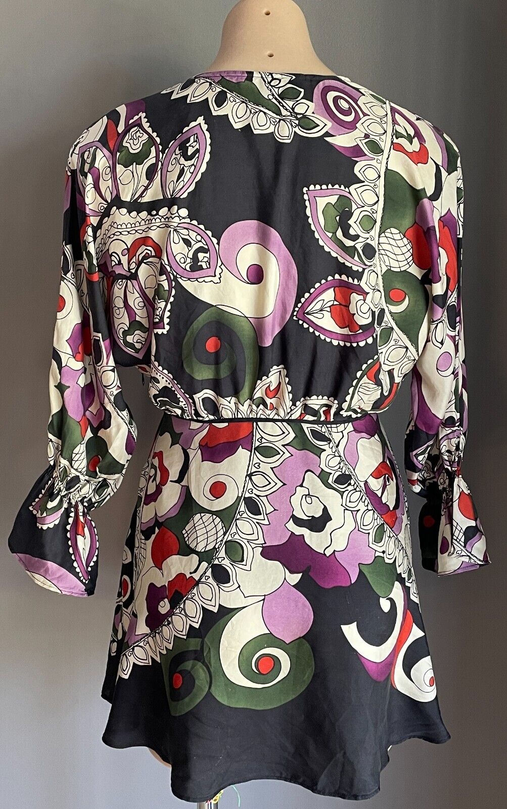 MNG SUIT A line Top Multicoloured Print Silk 3/4 Sleeve Empire Waist Sz AU 10