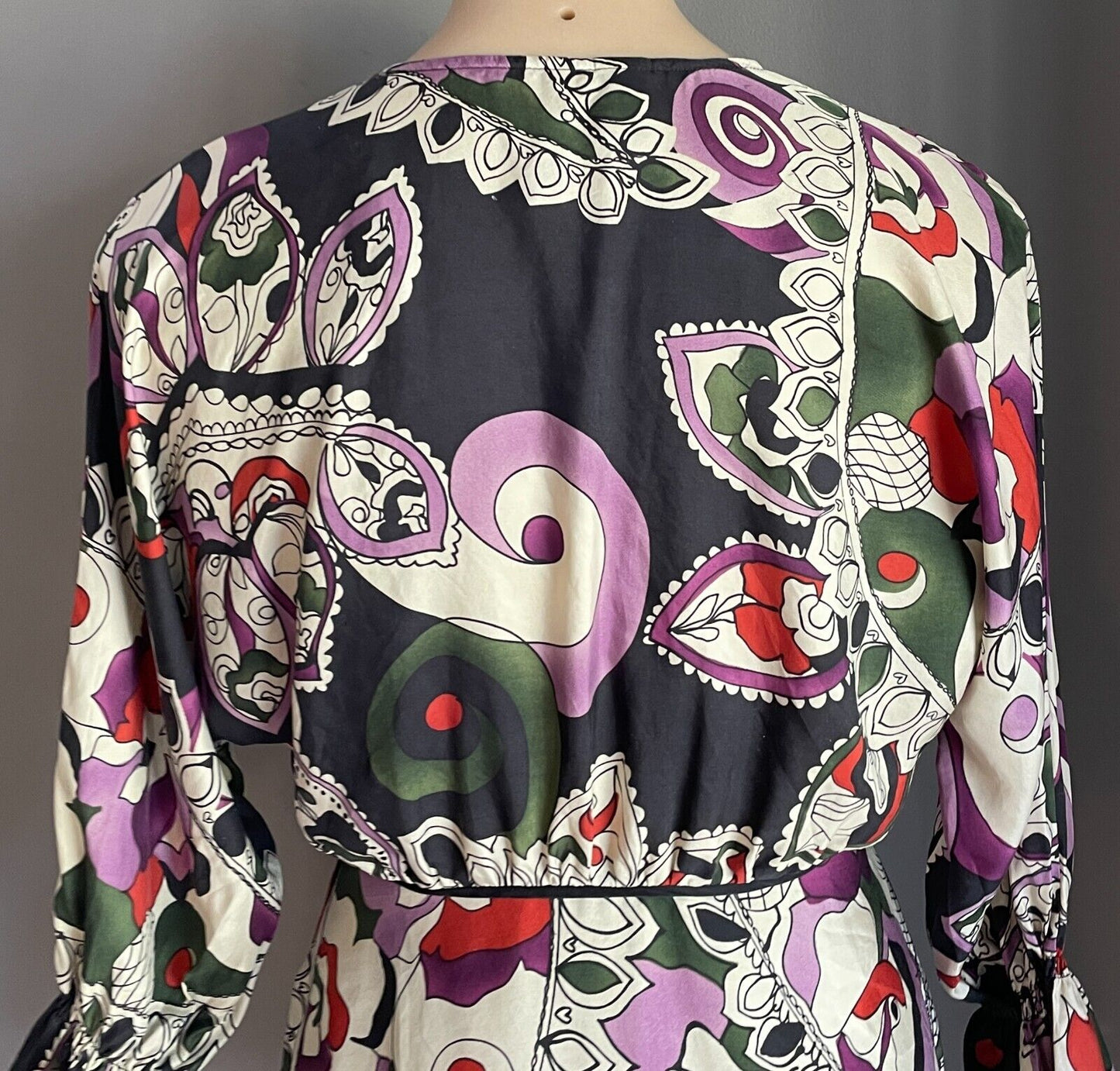MNG SUIT A line Top Multicoloured Print Silk 3/4 Sleeve Empire Waist Sz AU 10
