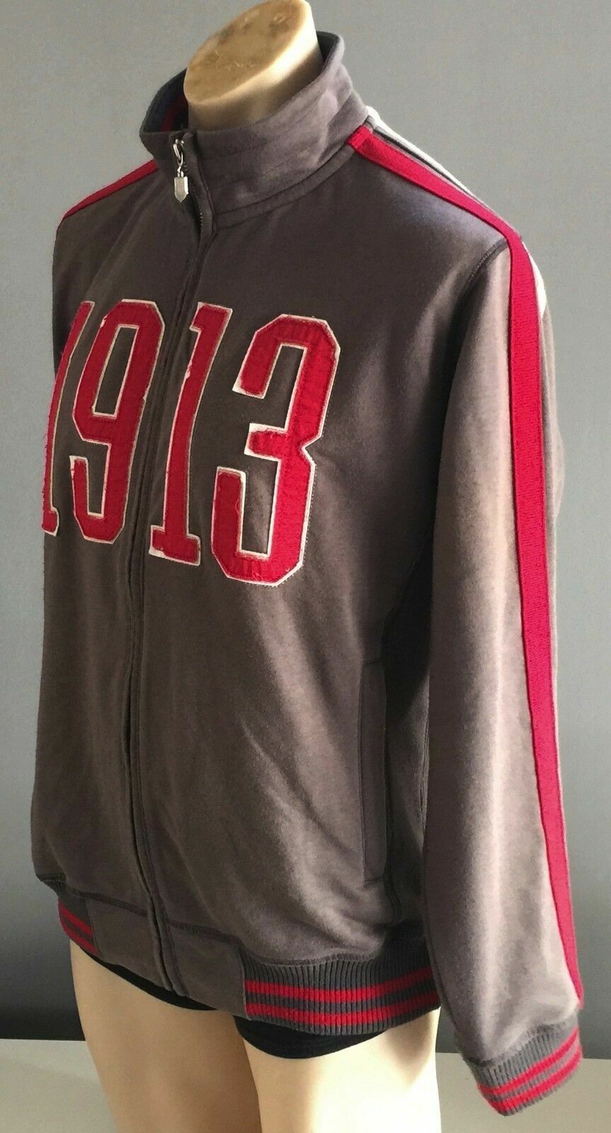Mens 1913 Zip Jacket Grey Red & White Trim High Neck Casual Zip Windcheater Sz M