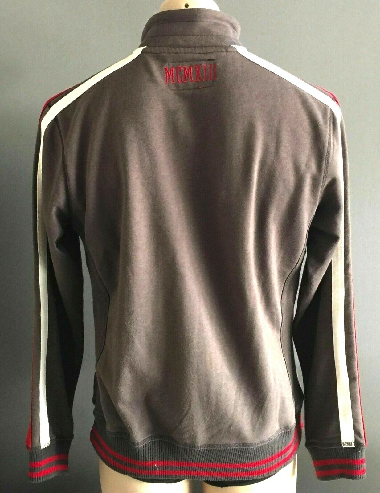 Mens 1913 Zip Jacket Grey Red & White Trim High Neck Casual Zip Windcheater Sz M