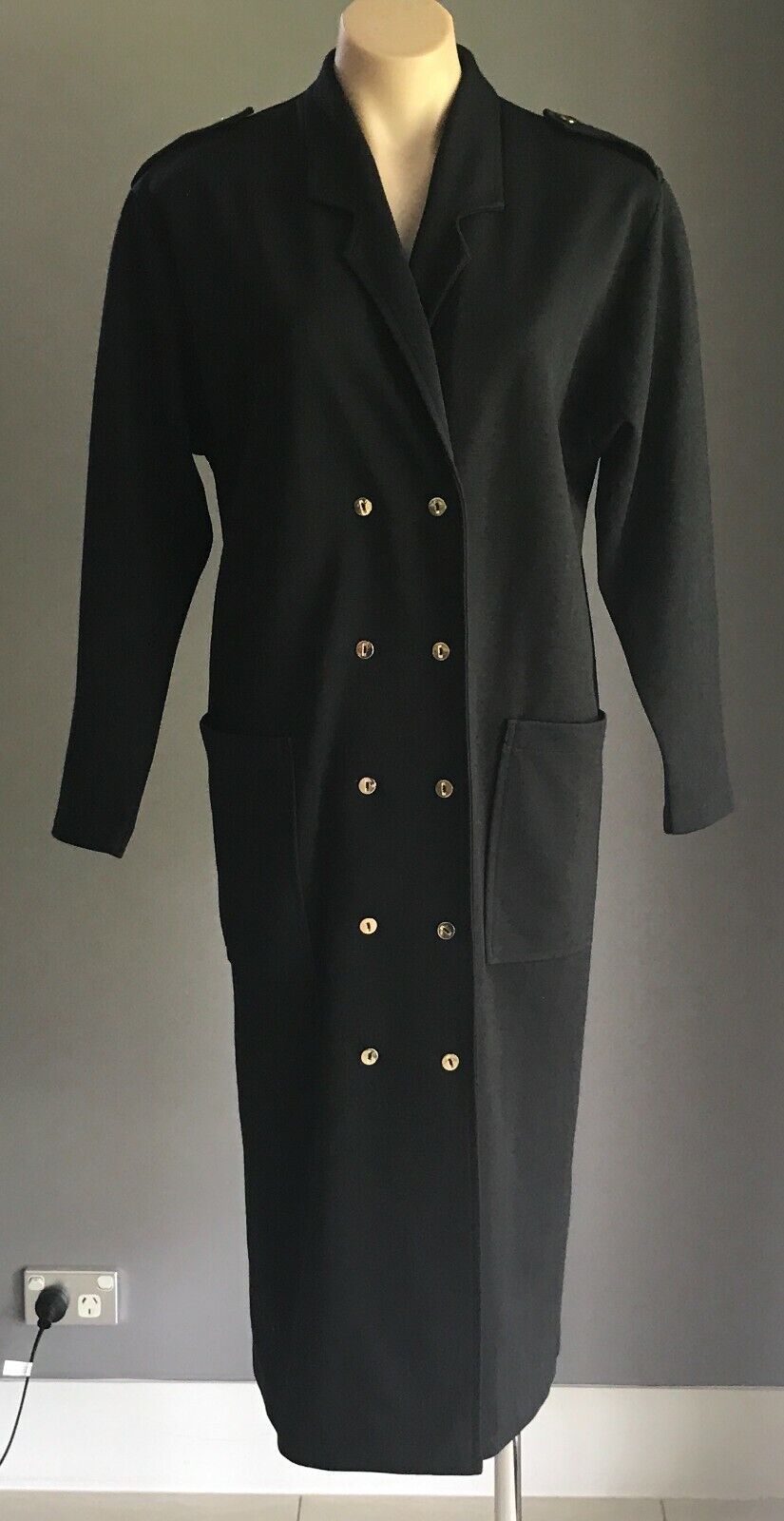 Ladies COAT Black Double Breast Long Sleeve Lightweight Button Long Jacket Sz 14