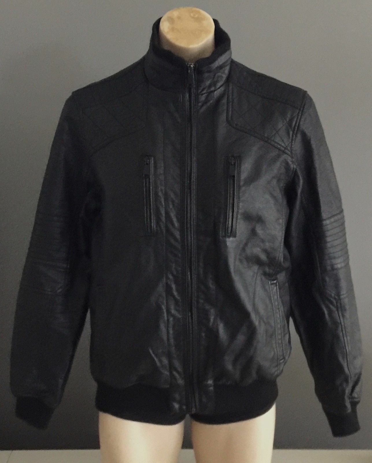 Mens BRAVE SOUL HERITAGE Black "Jenkins" Pleather Bomber Weather Jacket Size L
