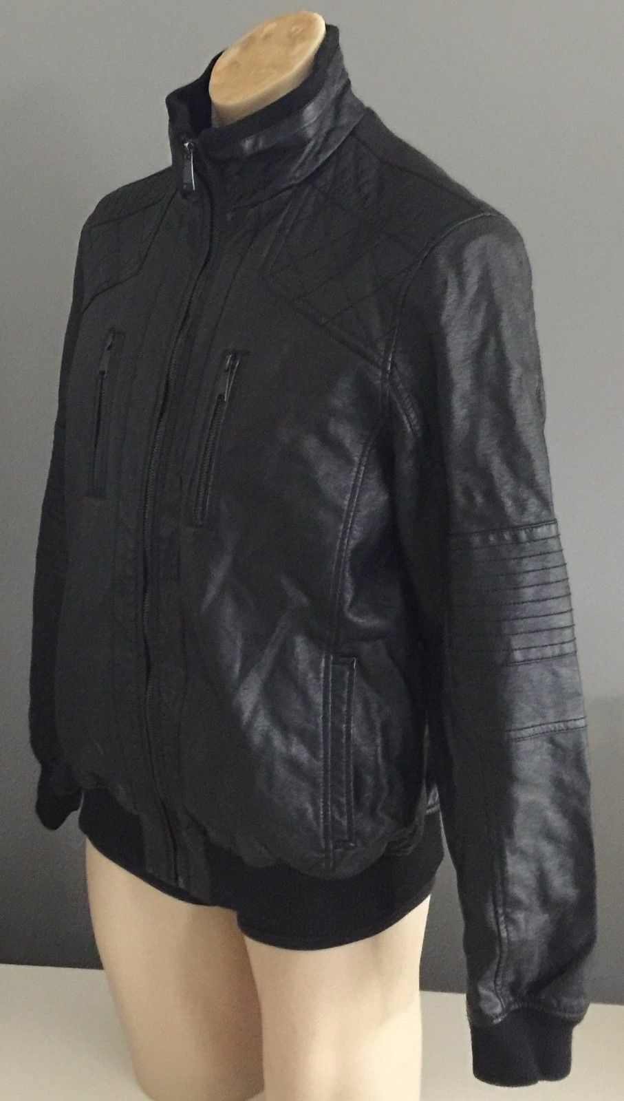 Mens BRAVE SOUL HERITAGE Black "Jenkins" Pleather Bomber Weather Jacket Size L