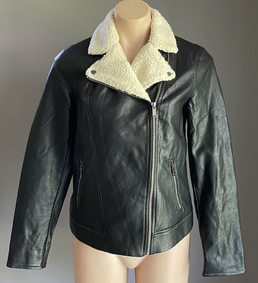 OLD NAVY Biker Style Jacket Black Pleather w Sherpa Collar Size S Petite AU 8 10