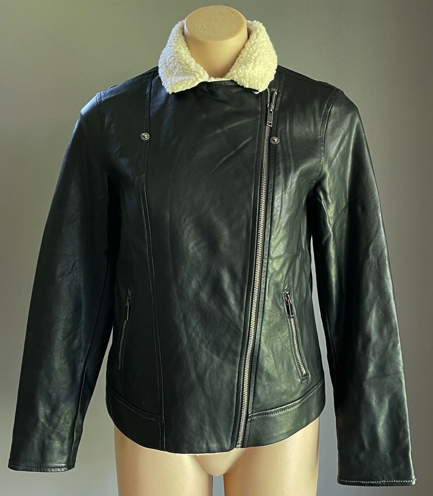 OLD NAVY Biker Style Jacket Black Pleather w Sherpa Collar Size S Petite AU 8 10