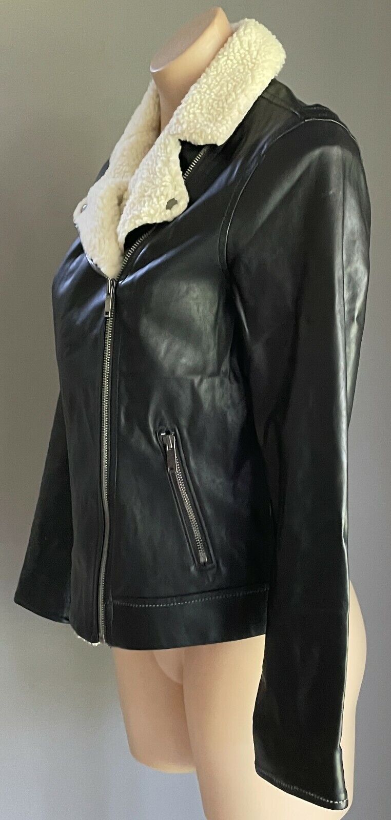 OLD NAVY Biker Style Jacket Black Pleather w Sherpa Collar Size S Petite AU 8 10