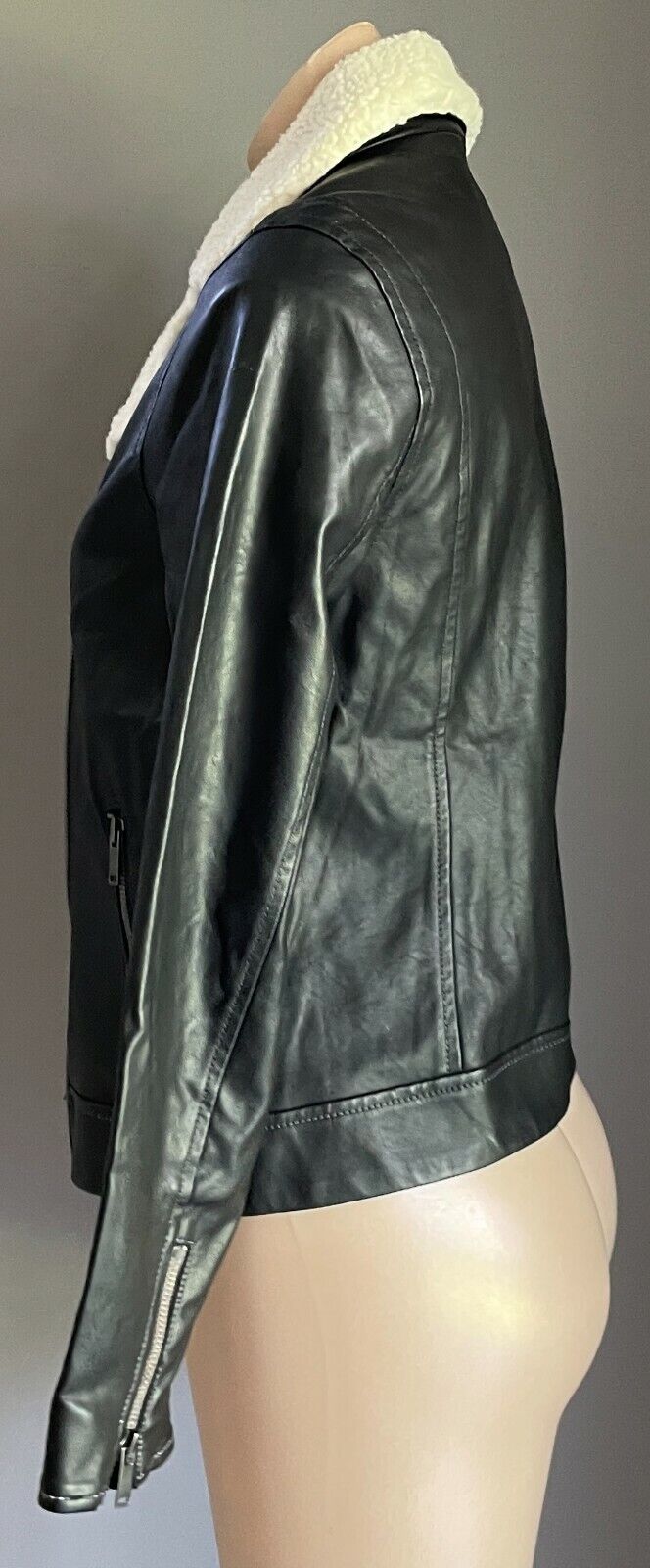 OLD NAVY Biker Style Jacket Black Pleather w Sherpa Collar Size S Petite AU 8 10
