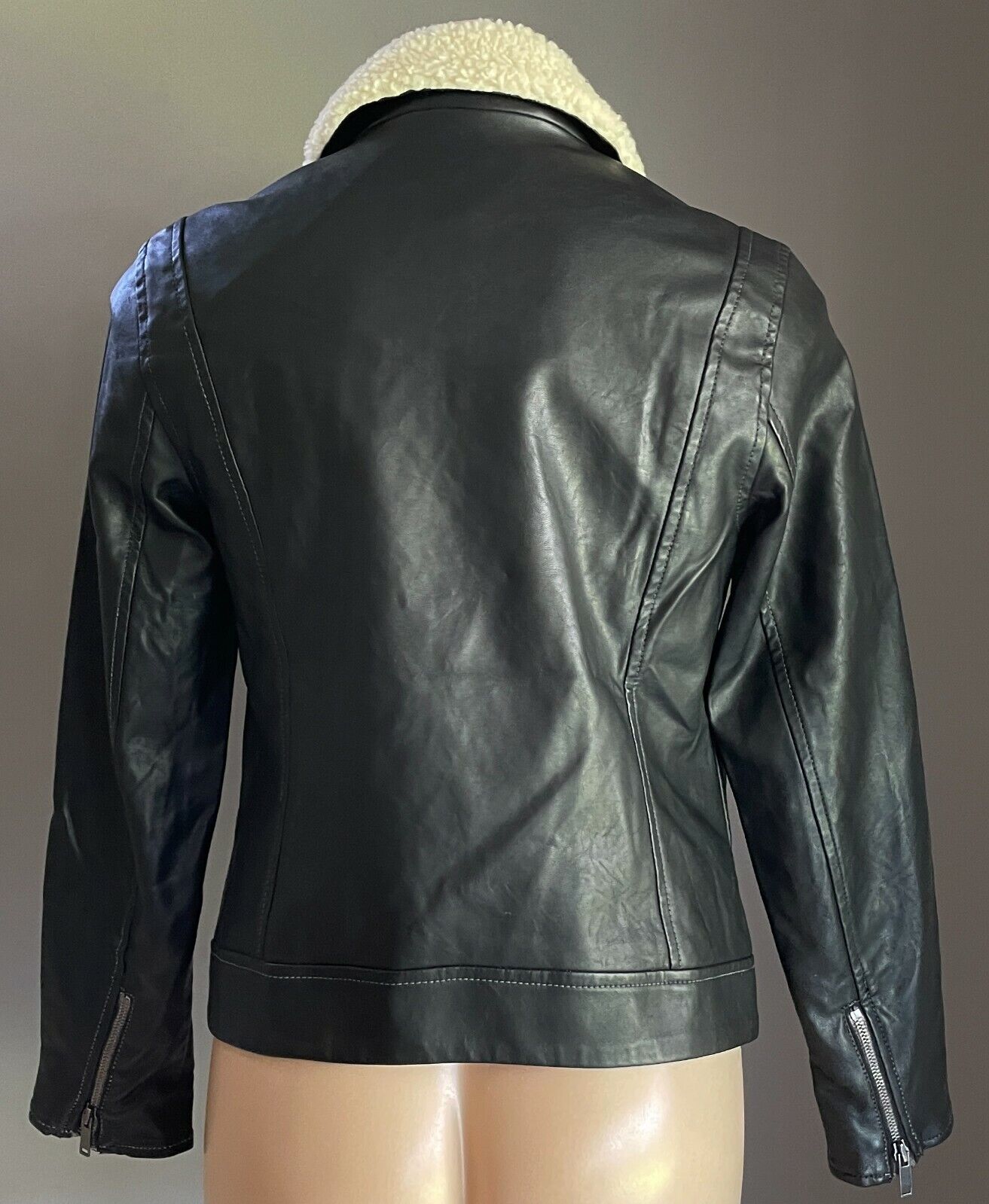 OLD NAVY Biker Style Jacket Black Pleather w Sherpa Collar Size S Petite AU 8 10