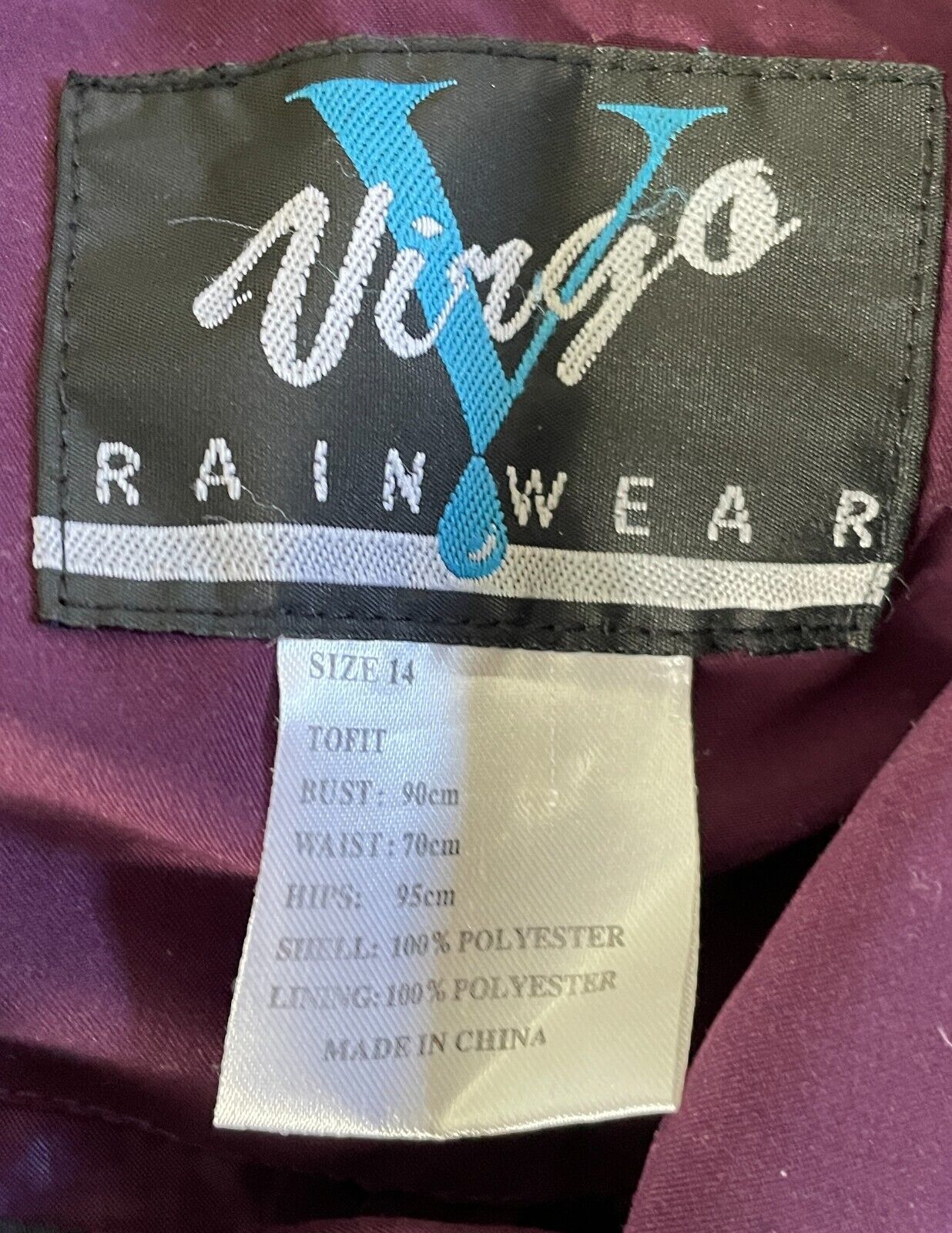 VIRGO RAINWEAR Aubergine Water Repellant Jacket Long Sleeves Full Zip Coat S 14