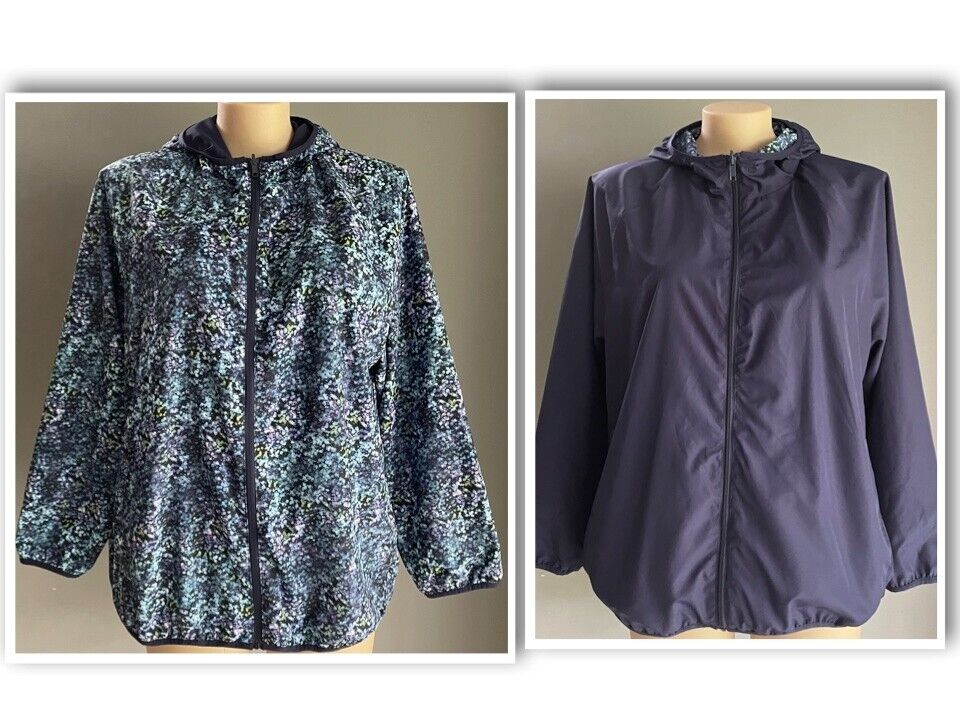 Reversible Wind Breaker Jacket Hoodie Lightweight Size 18 Purple Blue Green Navy