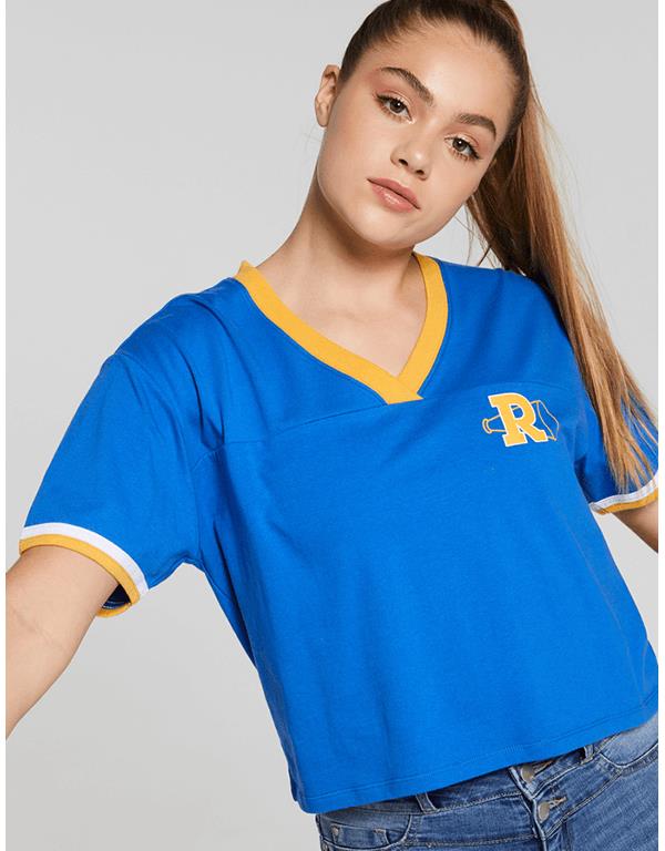 Jay Jays RIVERDALE T-shirt Blue Crop Short Sleeve Yellow White Trim Size XL NEW