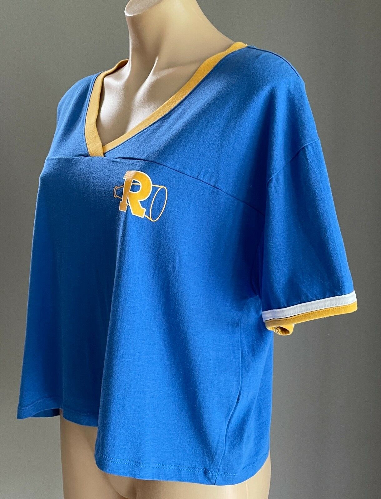 Jay Jays RIVERDALE T-shirt Blue Crop Short Sleeve Yellow White Trim Size XL NEW