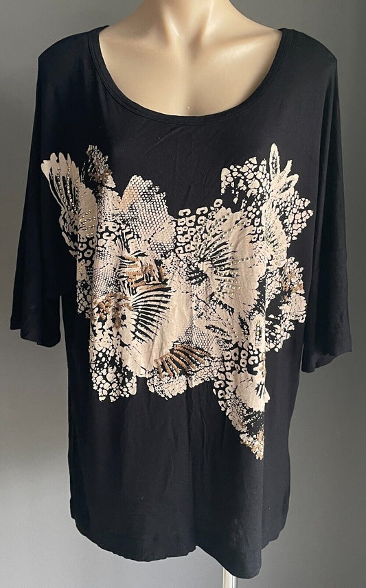 ROCKMANS Tee Black Short Sleeve Blush Gold Stud Embellished T-Shirt Top Size XL