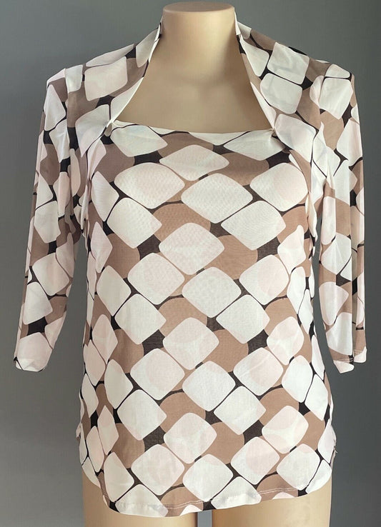 WOMBAT Top Brown Off White Pink Geo Print Stretch Net 3/4 Sleeve Twofer Sz XXL