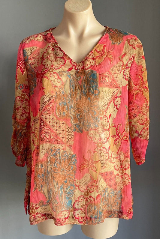 SANDRA STEINER Tunic Top Multicolour Print Semi Sheer 3/4 Sleeve Ladies Sz XL 12