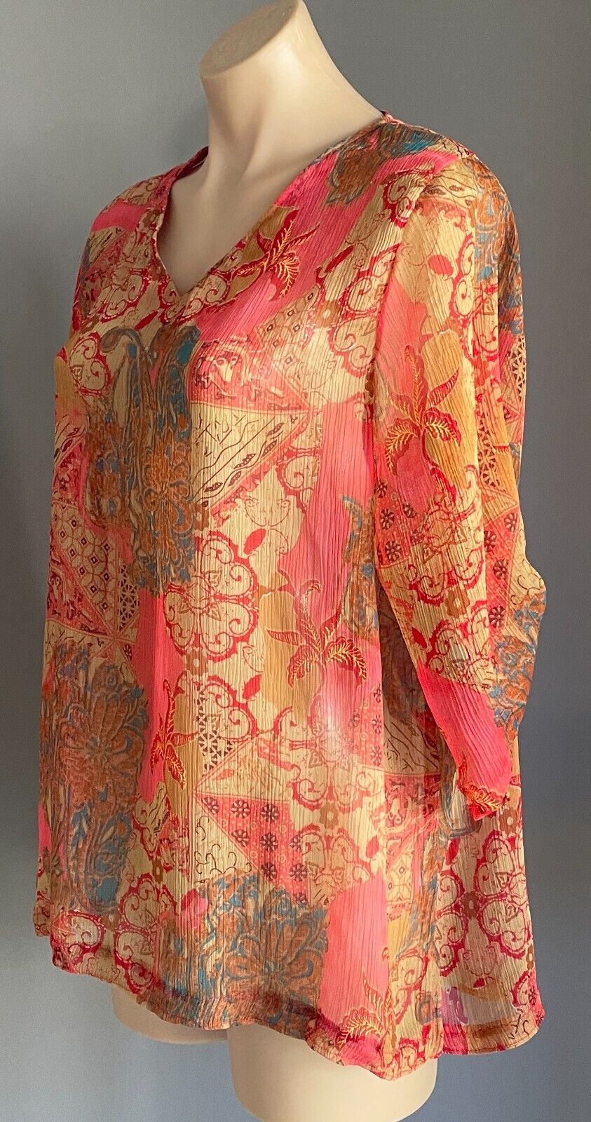 SANDRA STEINER Tunic Top Multicolour Print Semi Sheer 3/4 Sleeve Ladies Sz XL 12