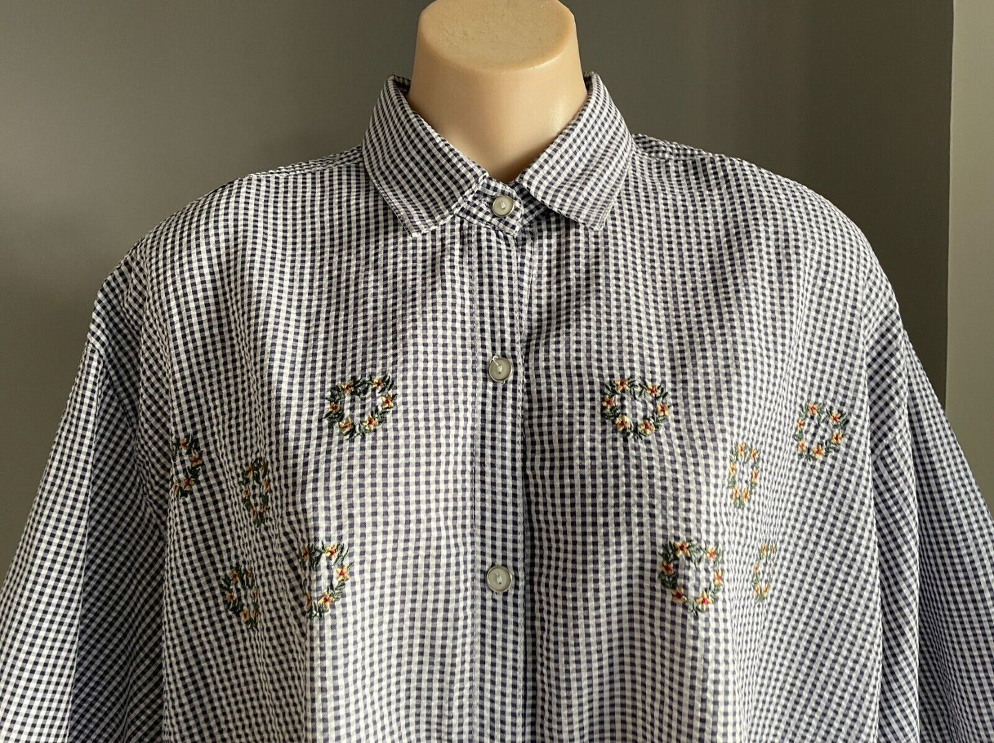 777 SMITH AND WILLS LTD Shirt Navy White Seersucker Gingham Short Sleeve Size XL