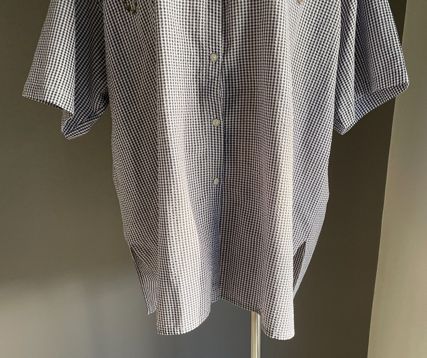 777 SMITH AND WILLS LTD Shirt Navy White Seersucker Gingham Short Sleeve Size XL