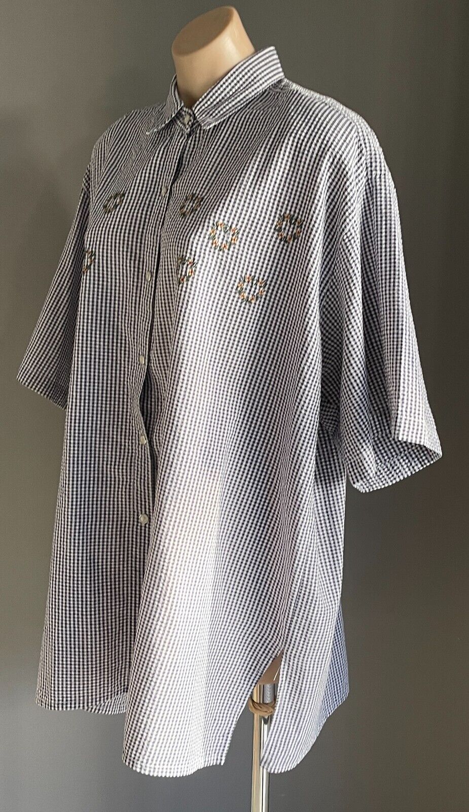 777 SMITH AND WILLS LTD Shirt Navy White Seersucker Gingham Short Sleeve Size XL