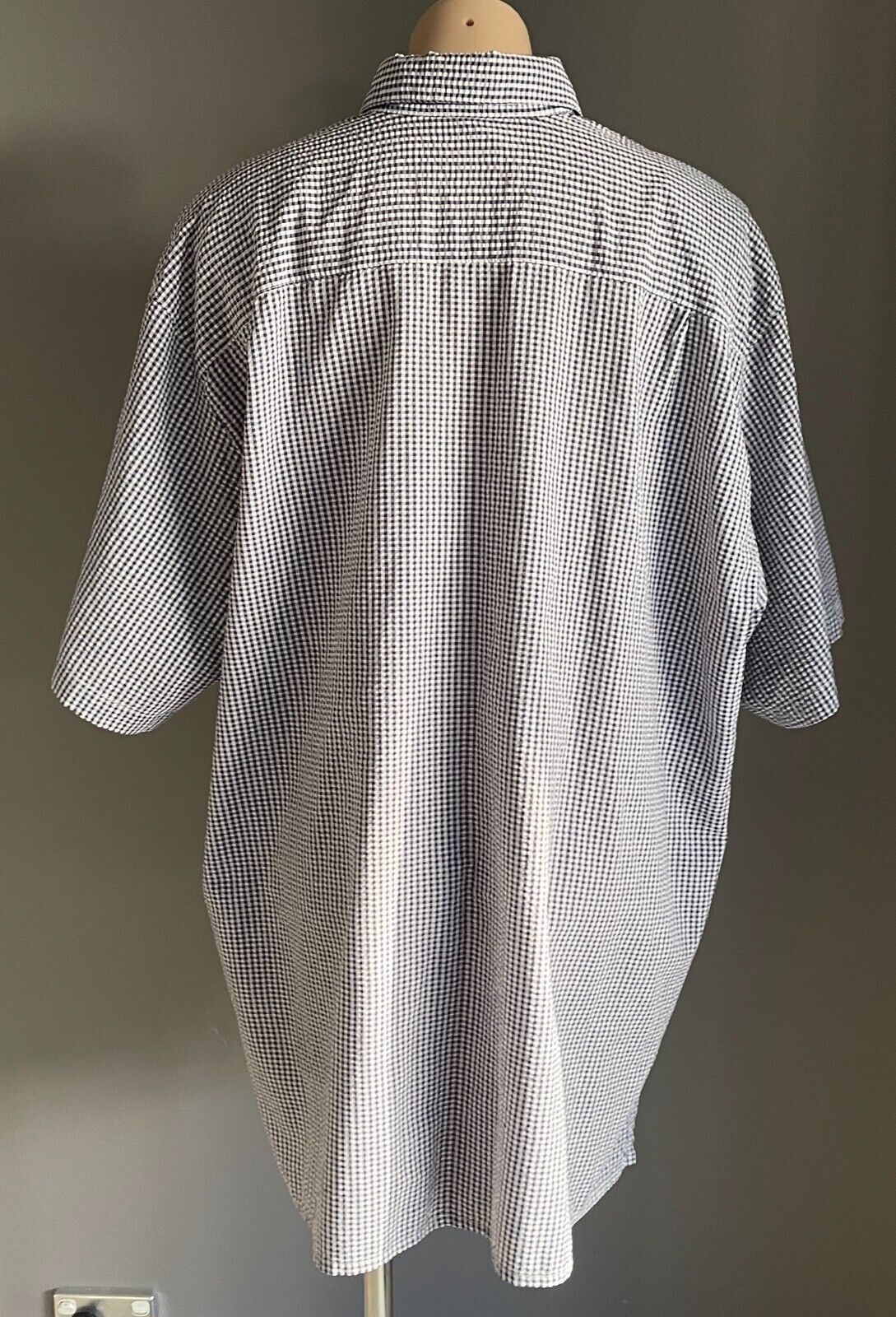 777 SMITH AND WILLS LTD Shirt Navy White Seersucker Gingham Short Sleeve Size XL