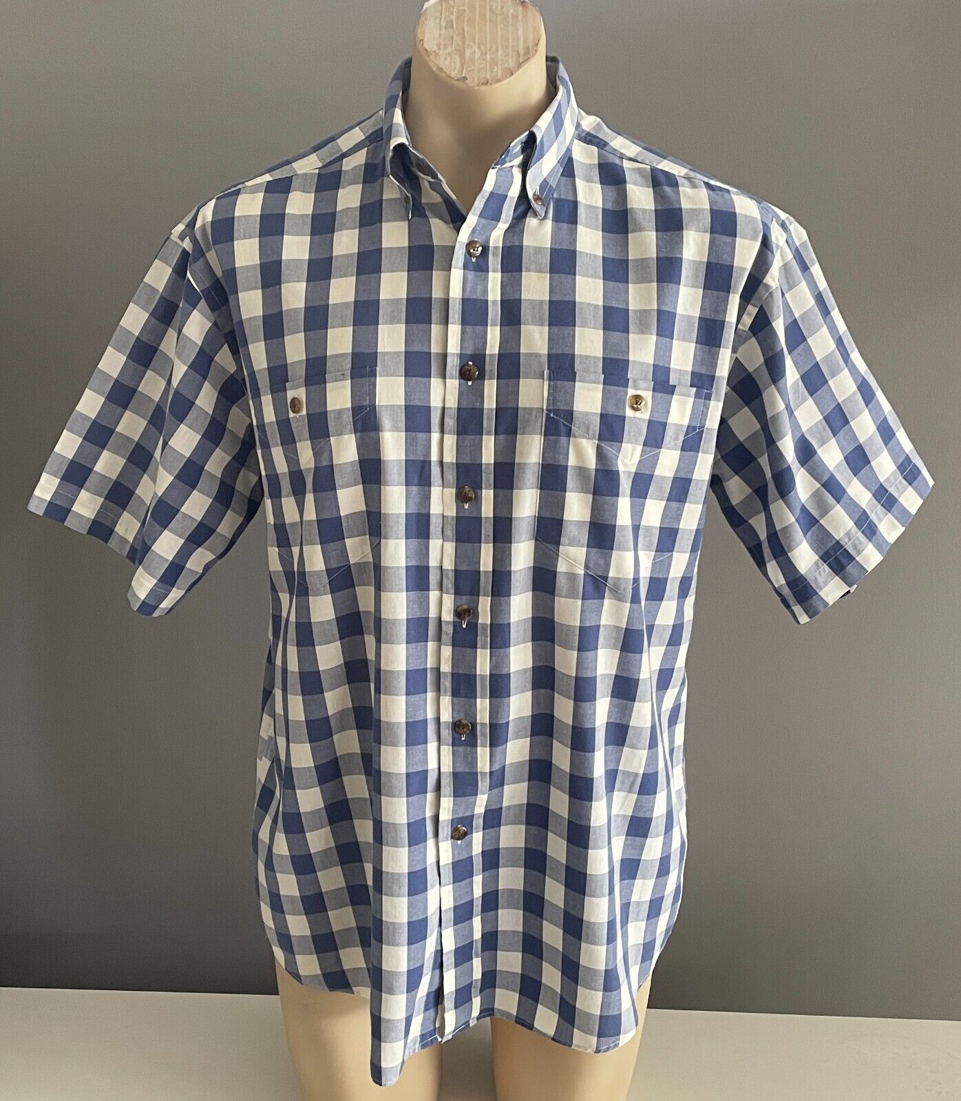 HC STUDIO Shirt Blue & White Check Print Mens Size M Classic Fit Short Sleeves